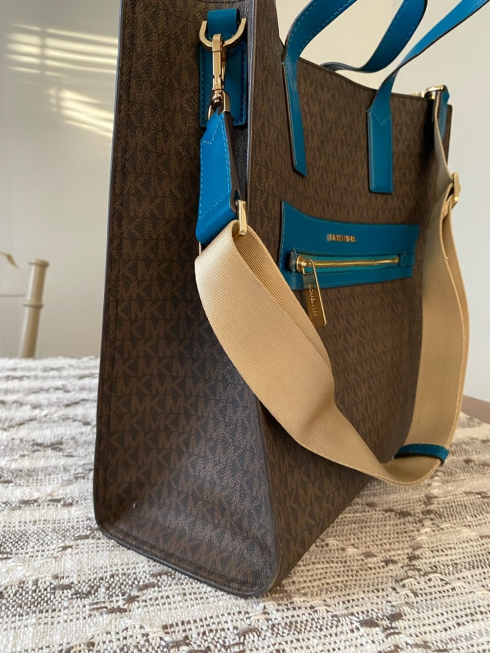 Michael Kors Teal-Trim Brown Monogram Tote with Gold Hardware - Picture 2 of 7